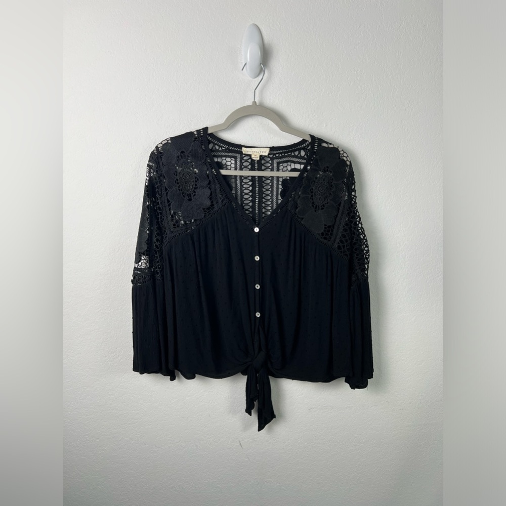 Lovestitch Black Lace Swiss Dot Button Down Tie Up Vacation Beach Resort Top